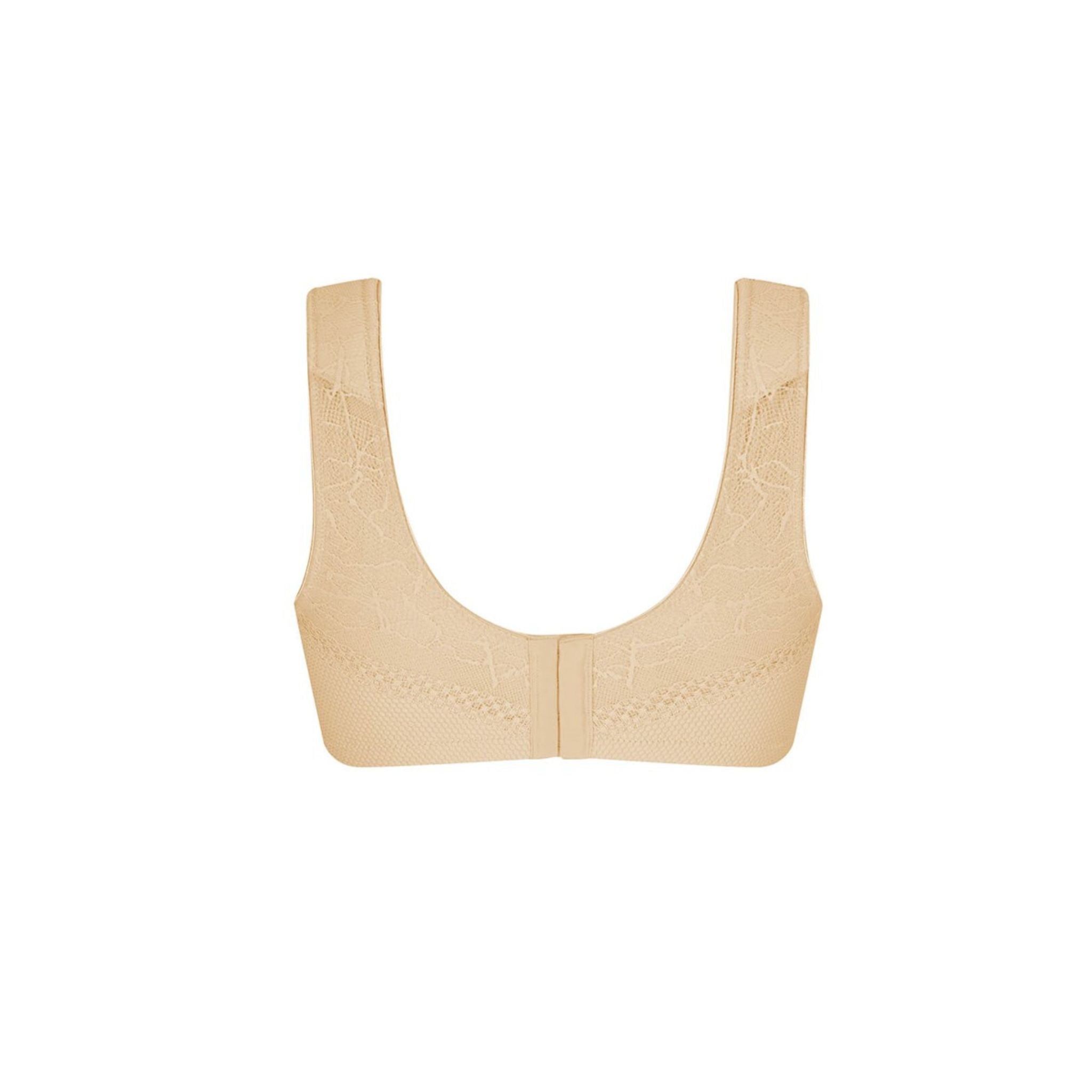 Structured fabric for light massaging effect, when combined with movement Cup construction developed especially for larger sizes Higher back & side parts, more stable & a high wearing comfort High padded back closure for good coverage Lace detailing for an elegant look Wide & padded straps, for high wearing comfort, relief of the shoulders