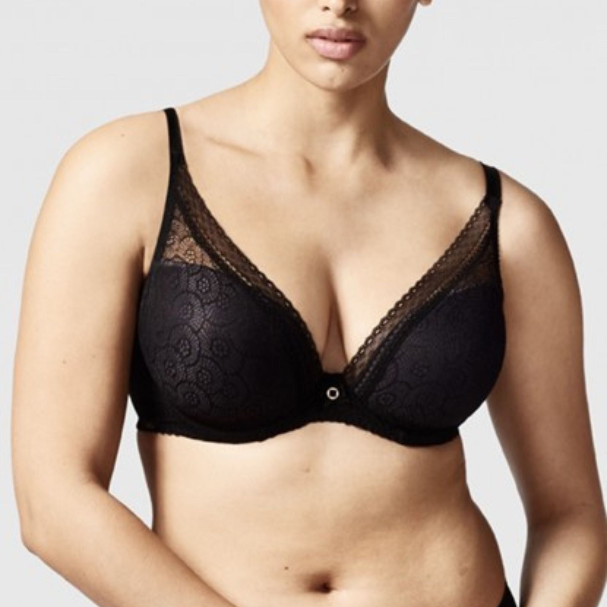 A seductive plunging center and flat lace overlay on the cups make the Festivité Lace Plunge Bra easy to wear under any outfit or neckline. Lightly lined underwire cups add lift to your natural shape Cups plunge very low in the center to create a deep V neckline that complements low-cut tops Flat, stretch lace is invisible under most tops Fully adjustable straps Designed in France