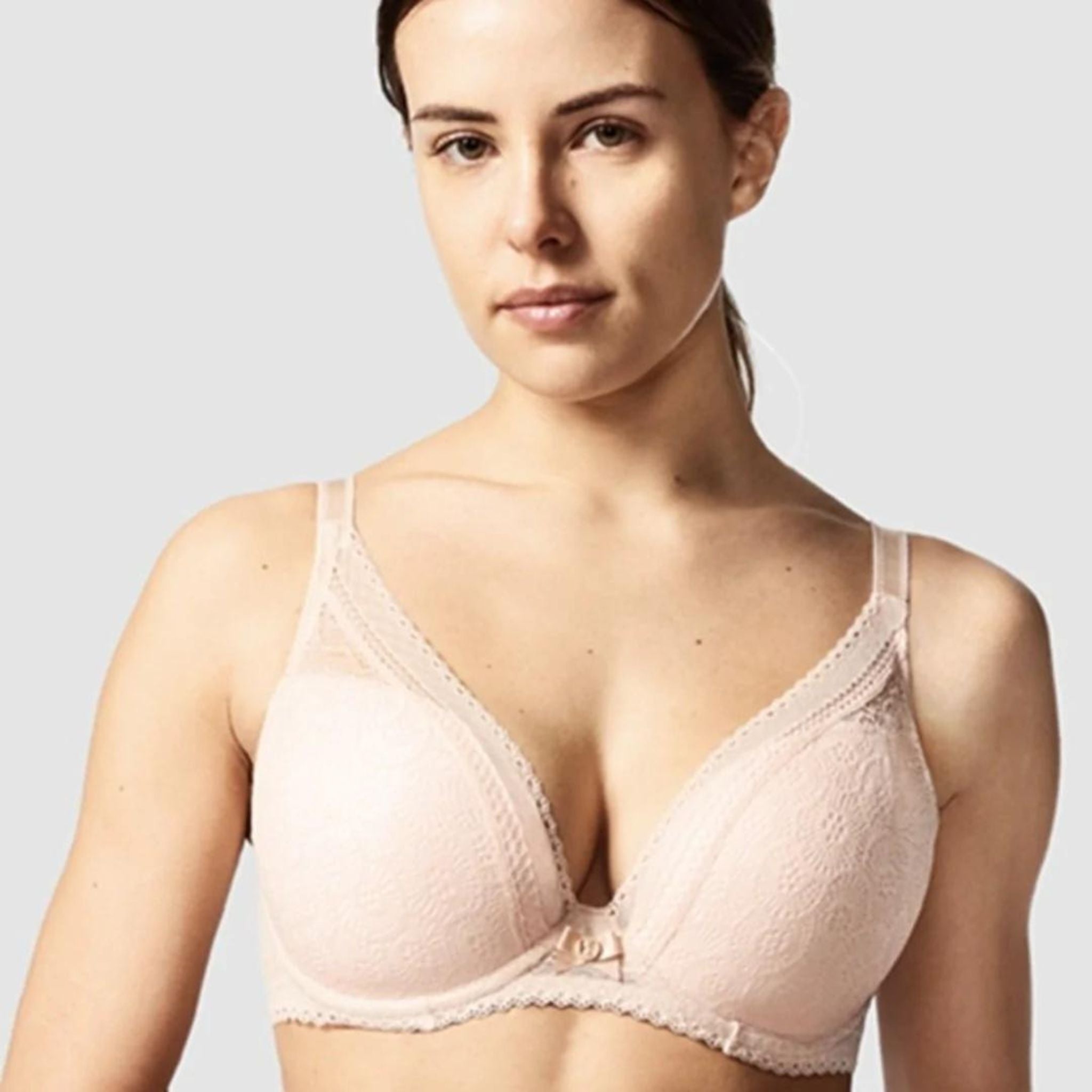 A seductive plunging center and flat lace overlay on the cups make the Festivité Lace Plunge Bra easy to wear under any outfit or neckline. Lightly lined underwire cups add lift to your natural shape Cups plunge very low in the center to create a deep V neckline that complements low-cut tops Flat, stretch lace is invisible under most tops Fully adjustable straps Designed in France