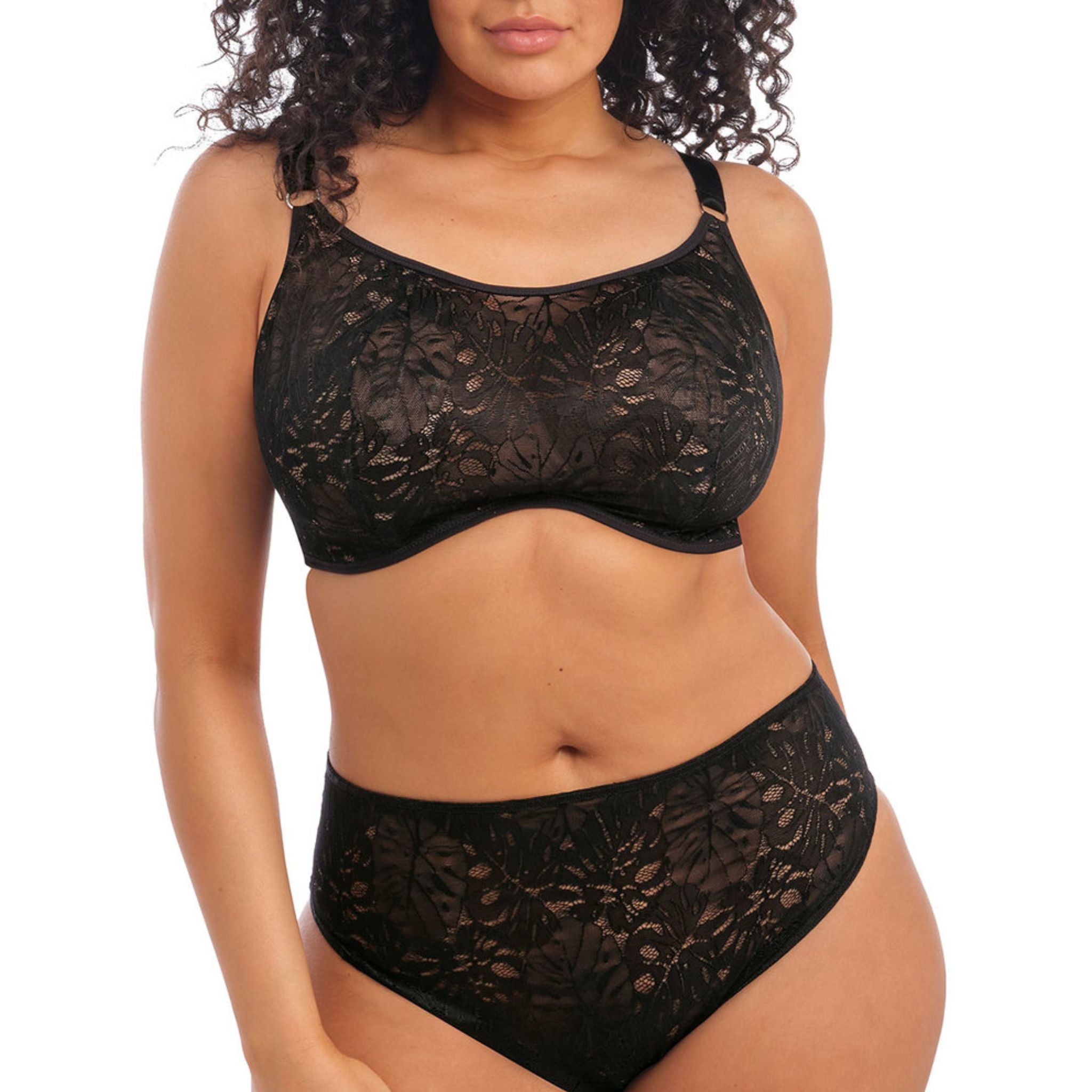 Playing on the much loved trend 'lingerie to be seen', Elomi's Kelsey collection is all about innovative design and this Bralette in Black is no exception! Offering powerful stretch lace with a tropical leaf design, giving you the perfect Sports-luxe look.