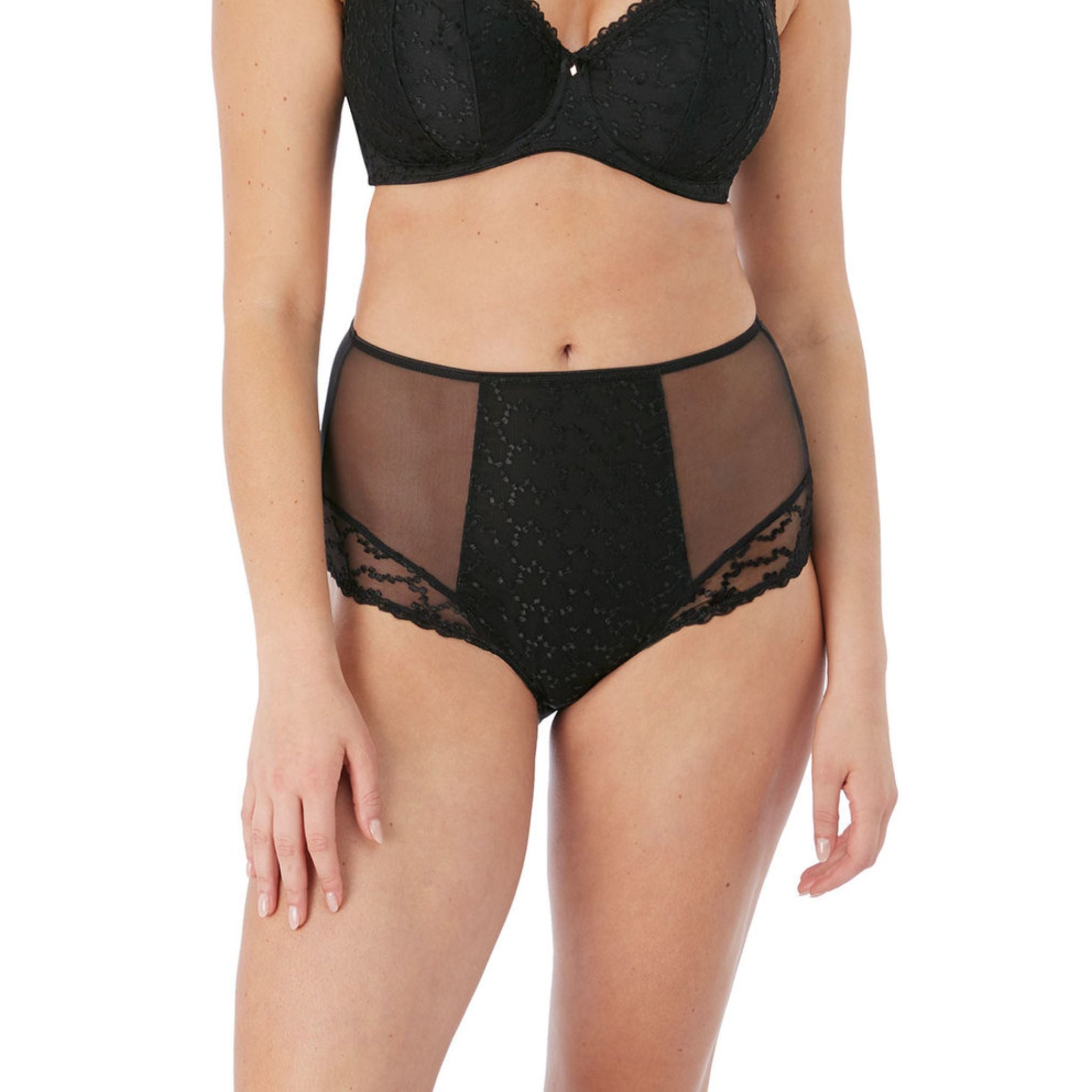 For light control and smoothing, discover the Ana High Waist Brief in Black, crafted from a soft fabric with stretch embroidery adorning the front leg and a scallop edge detail for no VPL under clothing. High waist fit All over embroidery with lined panel for modesty and comfort Stretch embroidery adorns the front leg Soft touch fabric with a scallop edge detail