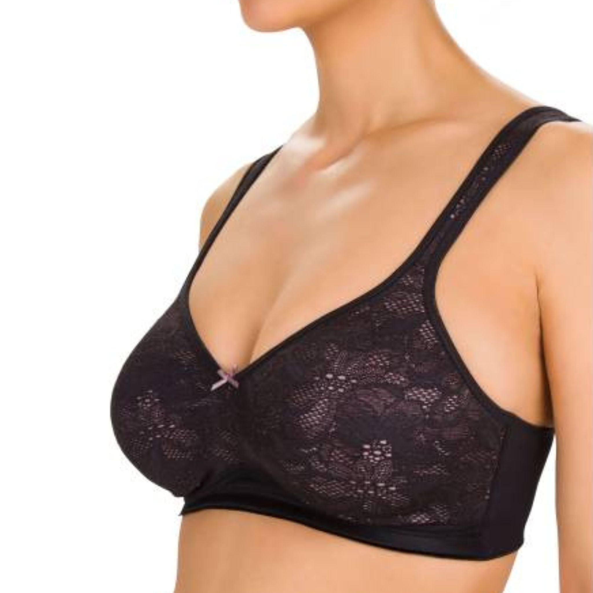 Felina 203218 bra with thermally pressed cups without underwires from the Chanson collection - a bra created with love for detail. Simplex material ensures proper shape keeping, and the high elastane content guarantees stability and comfort. Thermally embossed cups perfectly adapt to the shape of the breast, and wide, ergonomically shaped straps relieve the shoulders. The whole is topped with floral lace, which gives the 203218 Chanson a feminine look.