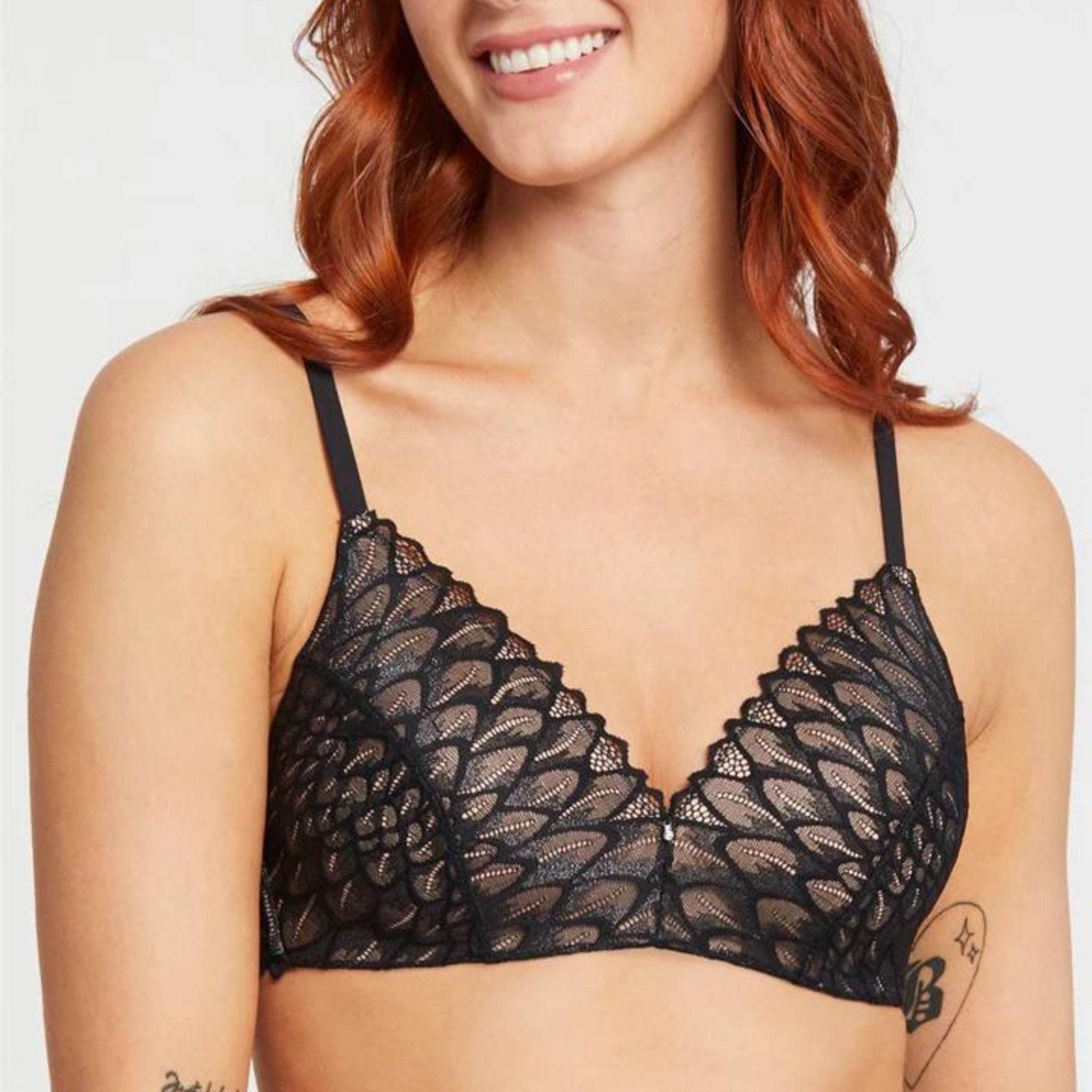 Fall in love with Montelles bestselling Wire-Free Bra, now in a timeless feather-like lace. The comfortable stretch, soft molded foam cups and adjustable straps make this bra undeniably perfect for every day.