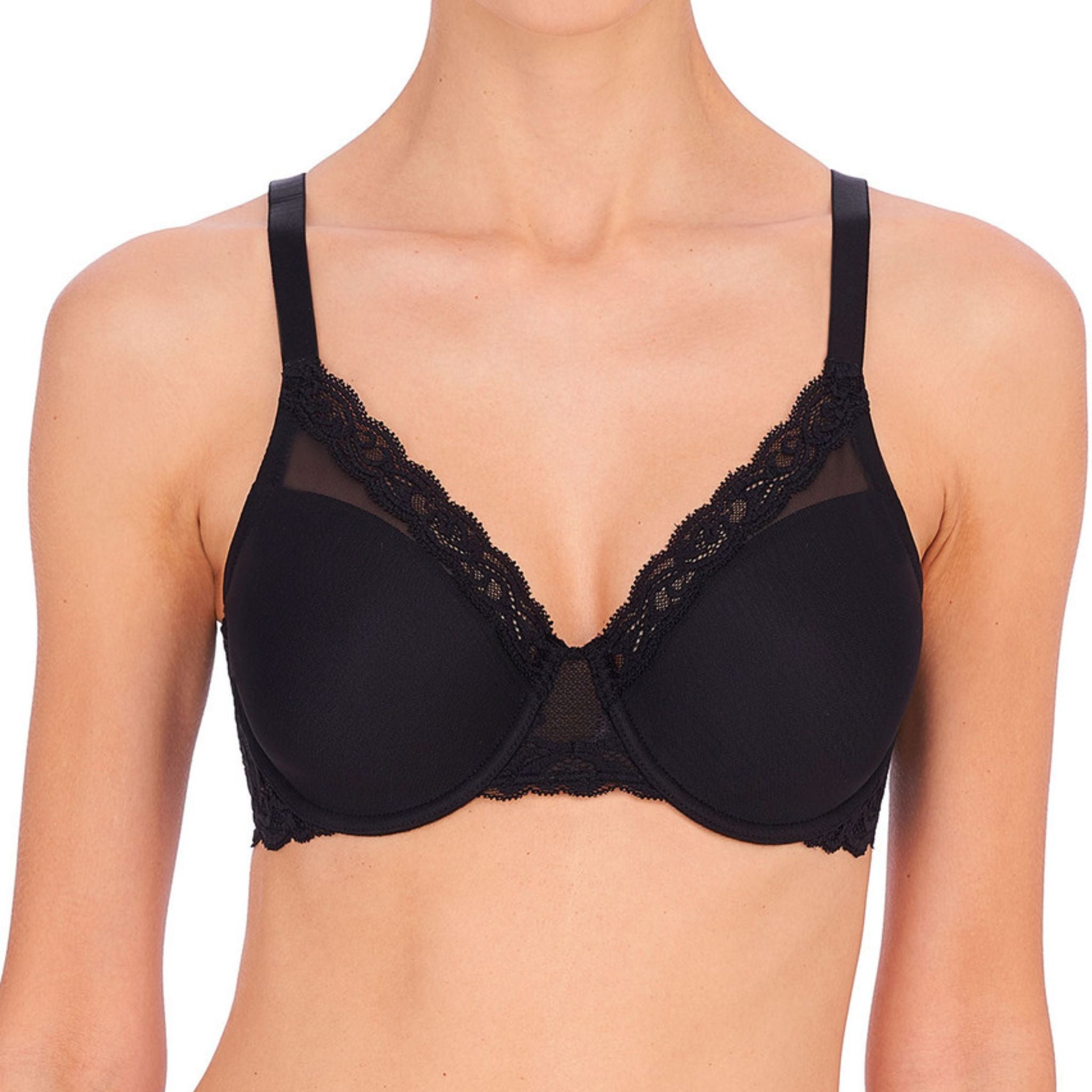 A sexy and seamless t-shirt bra offering more coverage and support for extended sizes Mesh overlays stretch foam cups for shaping and control that won't show through clothing Tall lace center gore lined with a stabilizer for containment and separation Wide stretch feathers lace backs are lined with mesh for larger sizes: 40-42 D-DDD, 30-42 G-H