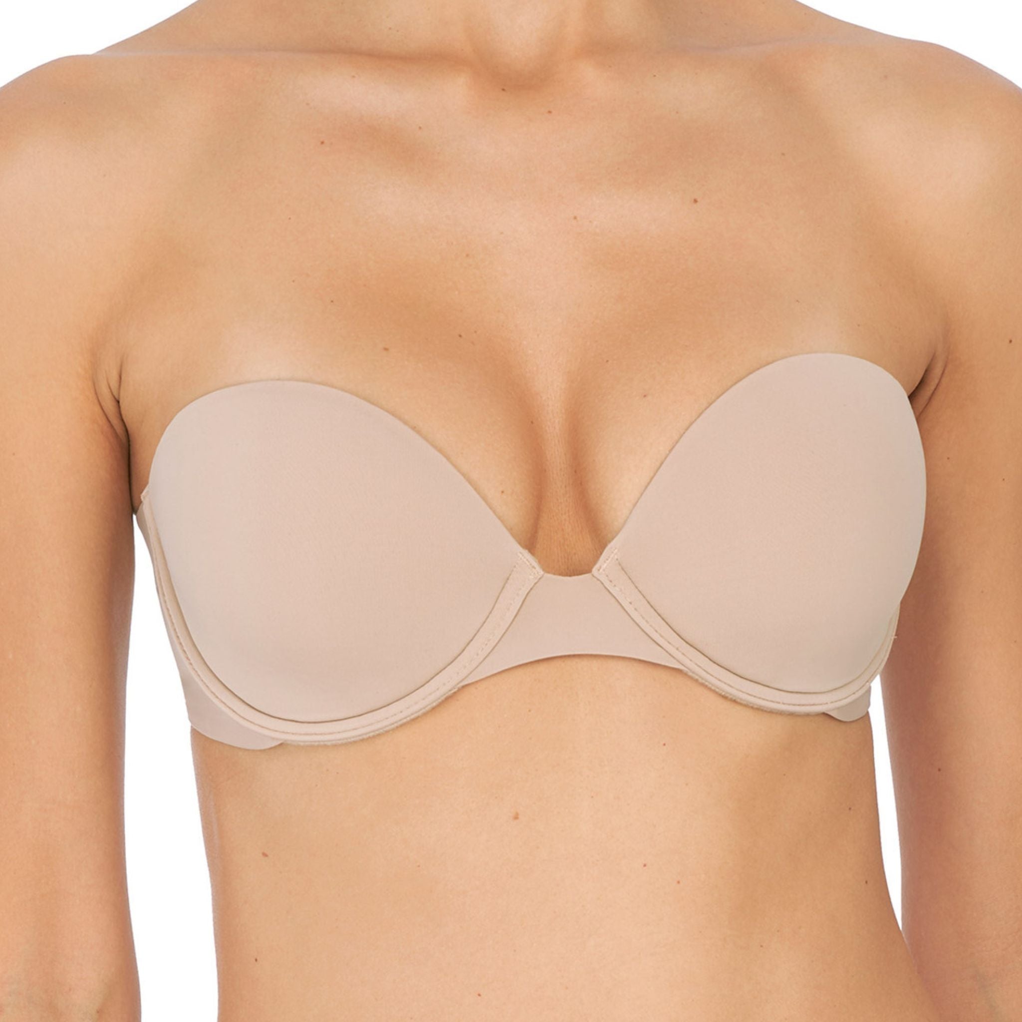 Ultra sleek strapless styling Silicone gripper on 2-ply Jersey backs for a stay-put fit Rigid yet soft, foam pads with plush liner for great shape and comfort Clean finished, open neckline is designed to be flattering and versatile Super soft fabric has a smooth finish that disappears under your clothes Fully adjustable, removable straps have 3 extra tabs at back for a custom fit and wardrobe versatility