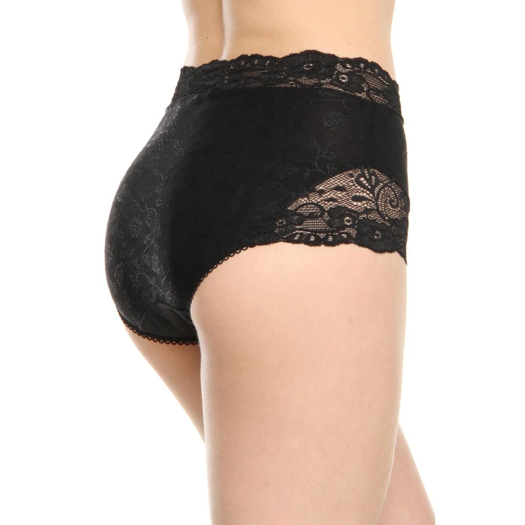 This feminine high waisted panty is as comfortable as it is sexy. Made in an ultra-soft jacquard fabric with delicate lace details. Pair it with our Stacy Cami-Corset.  Fabric: 100% Nylon Machine wash. Delicate cycle. Hang to dry. Made in Canada