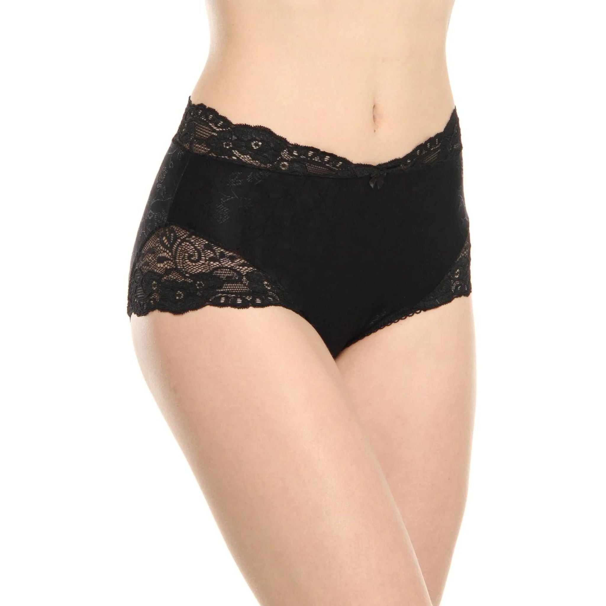 This feminine high waisted panty is as comfortable as it is sexy. Made in an ultra-soft jacquard fabric with delicate lace details. Pair it with our Stacy Cami-Corset.  Fabric: 100% Nylon Machine wash. Delicate cycle. Hang to dry. Made in Canada