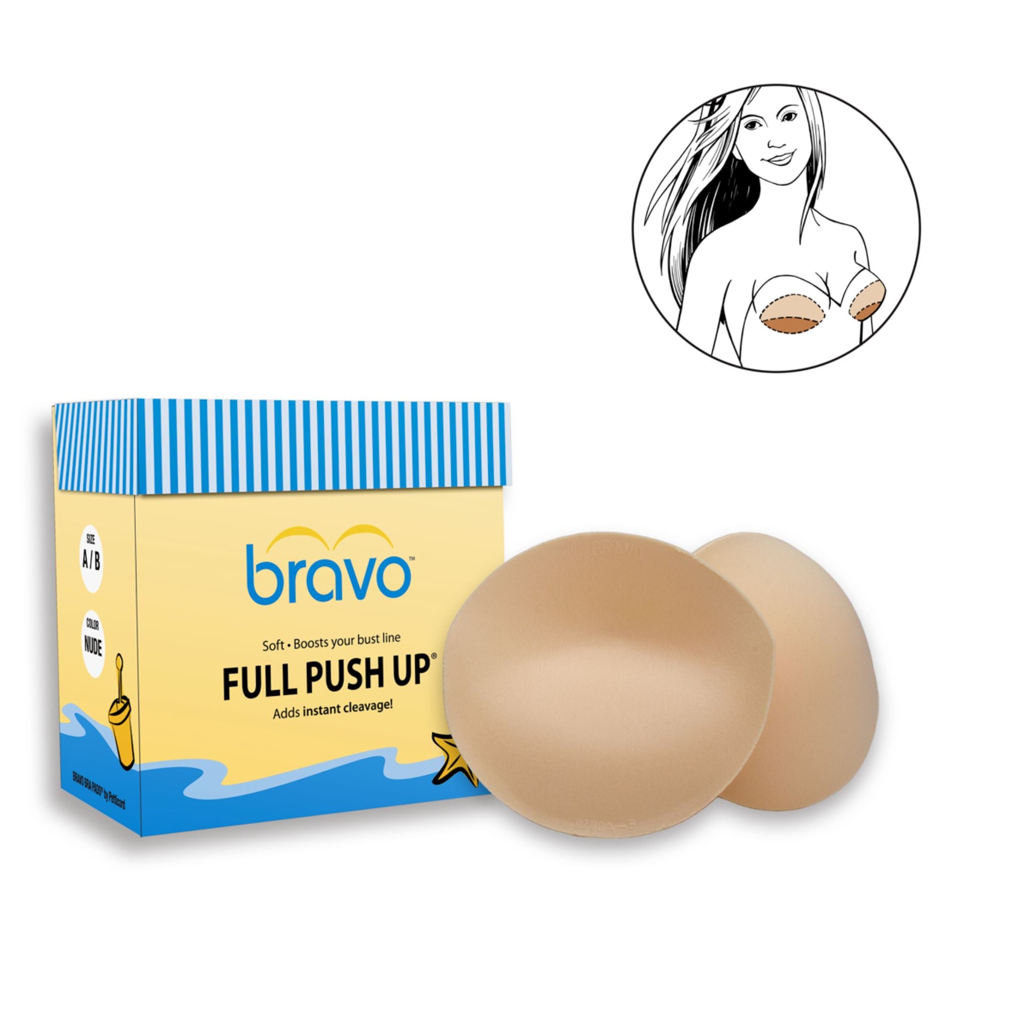 Bravo’s Full Push Up bra pad inserts are soft, supportive and fun to wear. Their built-in push up pad lifts the breasts up for instant cleavage and curves! Full Push Ups (Style 9700) are very light and comfortable to wear.