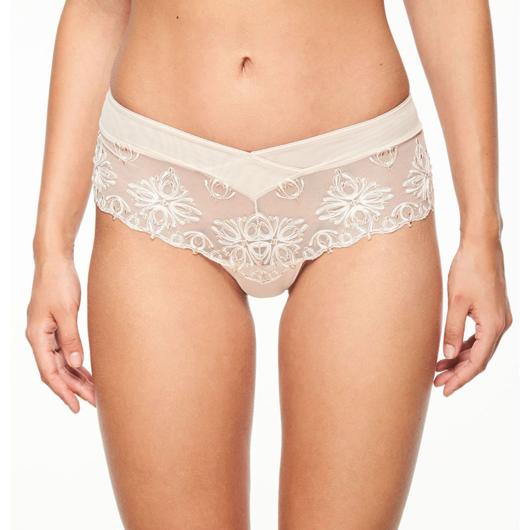 Made of sheer, embroidered tulle, the low-rise Champs Elysse Lace Hipster is modern and sexy. Cheeky back coverage and a V-shaped waistband provides a seductive twist to this everyday style.  Sheer lightweight embroidered tulle  Low-rise everyday style  Lace leg openings stay put without digging in  Designed in France