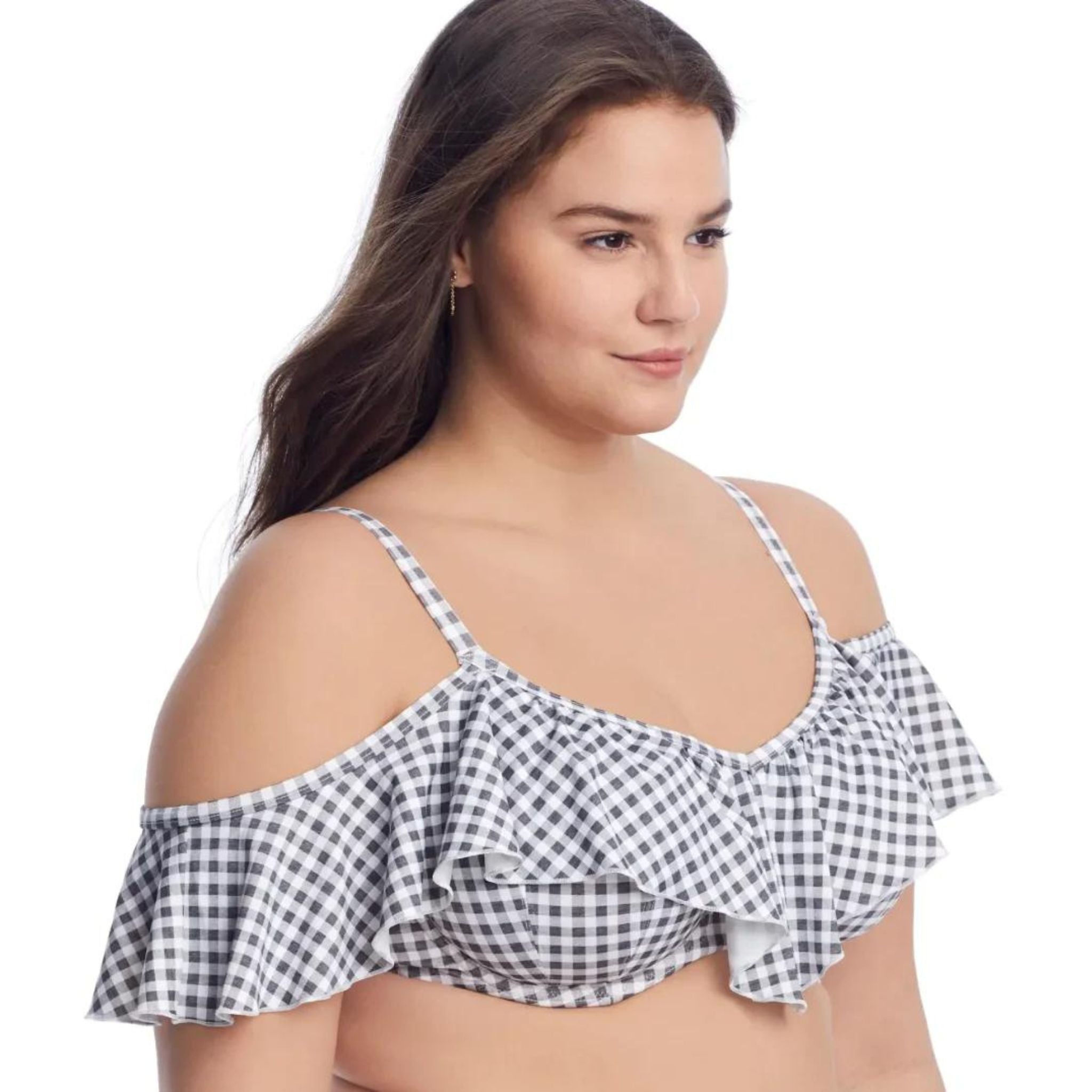 Elomi's Checkmate Bikini Top is at the top of the must-have swimwear list in a chic Grey Marl colourway, showcasing a contemporary retro gingham design with fully lined cups and powernet lining for additional support, finished with a flattering frill design which can be worn on or off the shoulders.