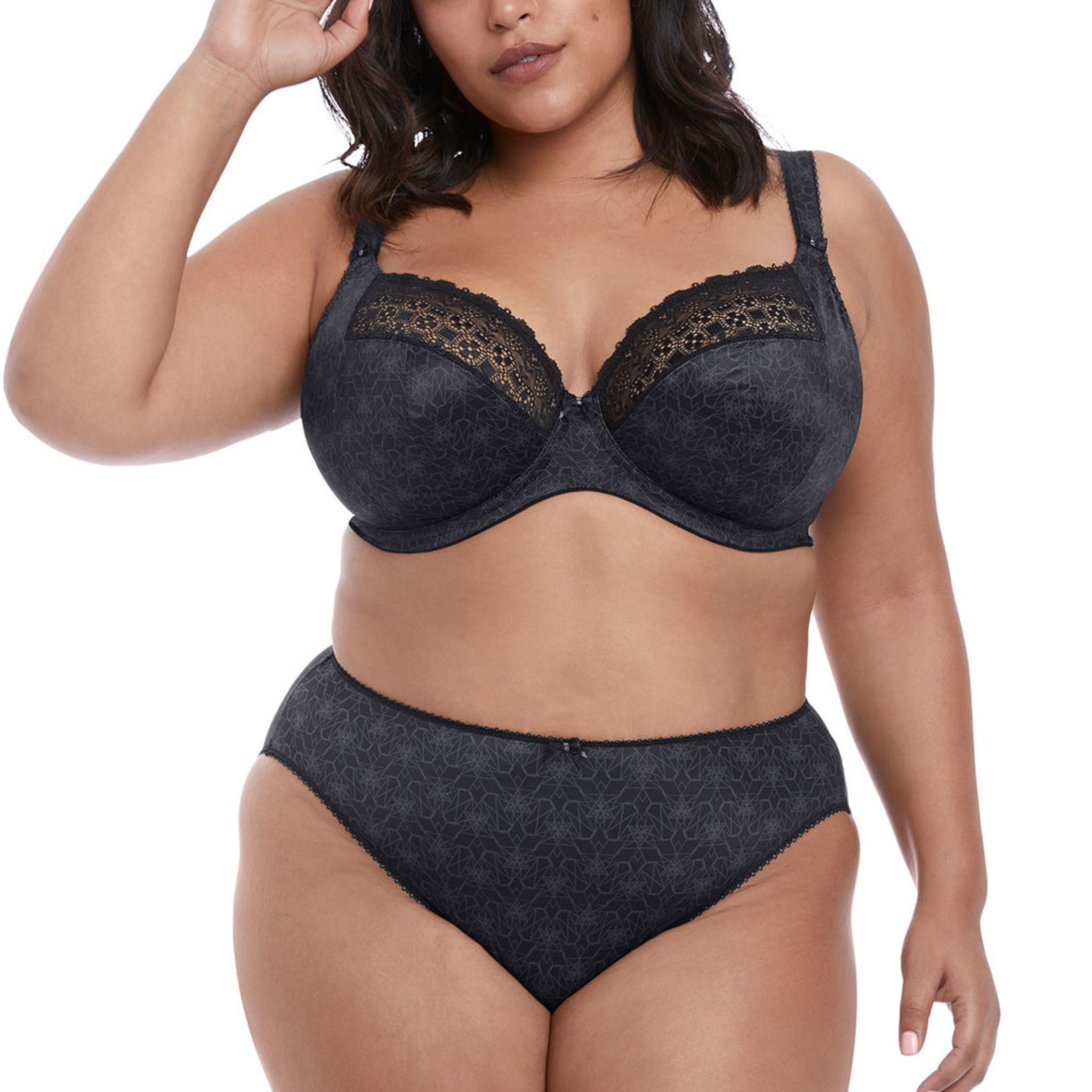 The Kim Plunge Bra in Black is an everyday must-have. Providing uplift and support for a great rounded shape and a low cut neckline for plunge without push up. A subtle linear geometric print is teamed with pretty lace top cups for a contemporary look in sizes D – JJ.