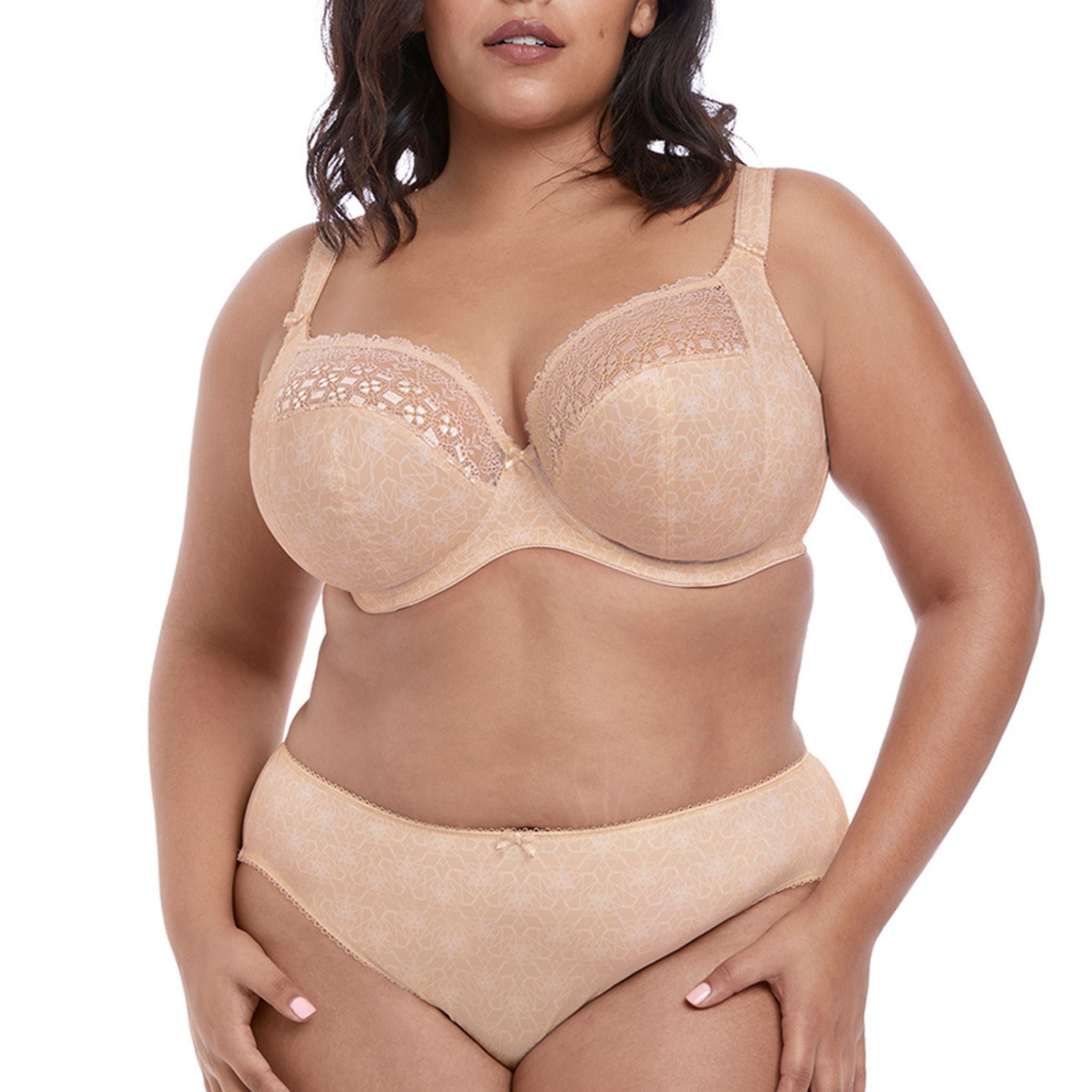 The Kim Plunge Bra in a rich Caramel shade is an essential for every lingerie drawer. Providing uplift and support for a great rounded shape and a low cut neckline for plunge without push up. A subtle linear geometric print is teamed with pretty lace top cups for a contemporary look in sizes D – JJ.