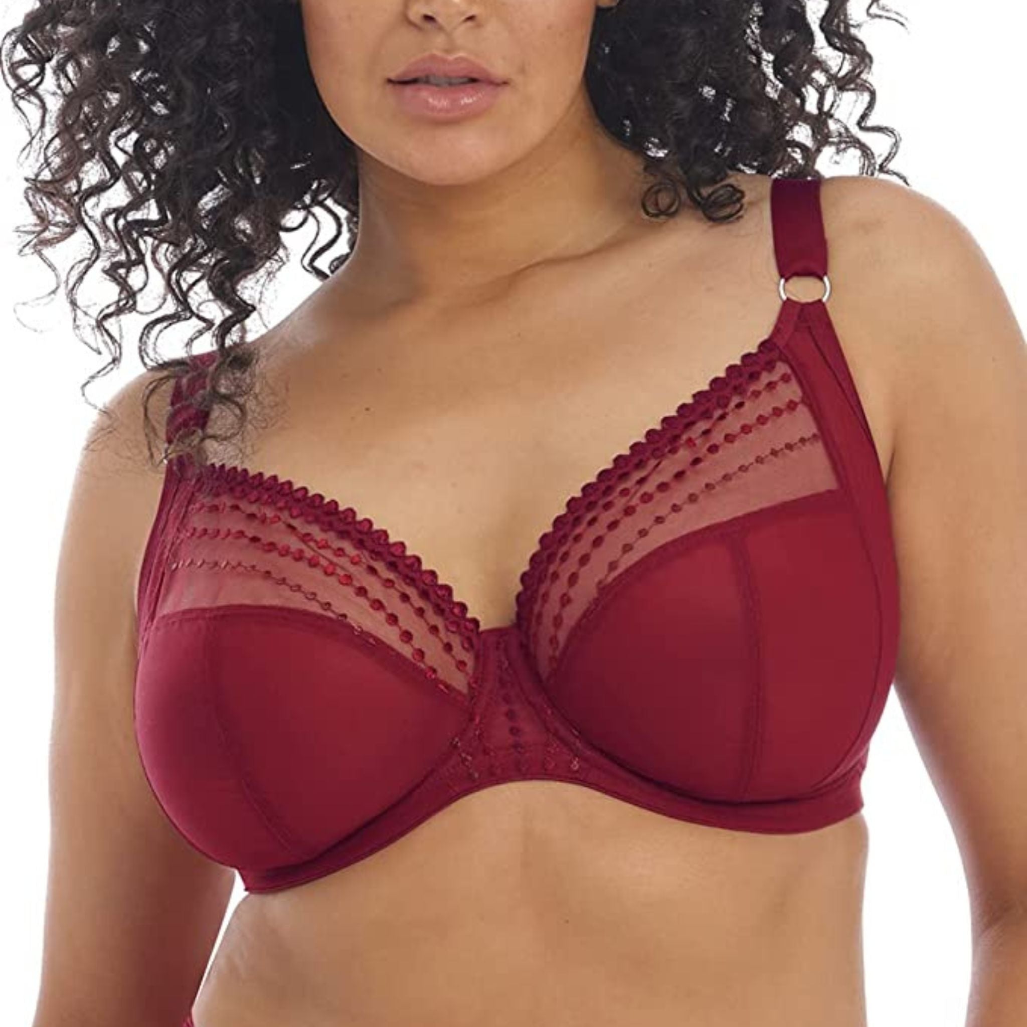 Discover Elomi's signature Matilda Plunge Bra. Designed with decorative dot embroidery, supportive sectioned cups and a beautiful plunge shape.  Low centre front gives plunge without push up  Three section cup plus side support panel for forward shape, uplift and separation  Elasticated neck edge for ease of fit  Flexible back sweep construction allows easier adjustment to racer back with moveable J Hook  Ring detail at apexes
