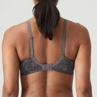 T-shirt bra with heart-shaped padded cups covered in a shimmery fabric with a snakeskin print. The straps are adorned with gold studs. Kitten Grey is a trendy snakeskin print in flattering dark grey and black.