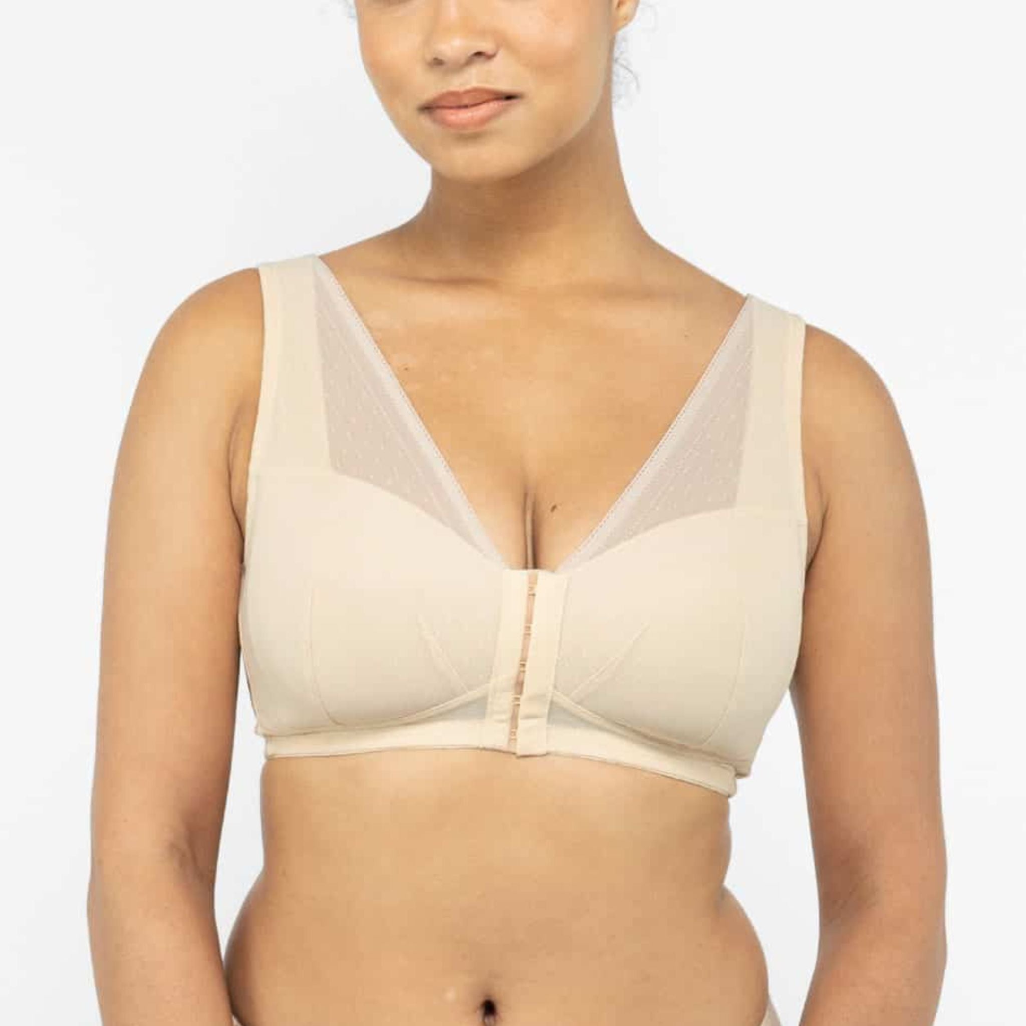 Easy on, easy off. Noelle is an ultra-comfortable, wireless, front-close bra. Designed to prevent irritation all around, provides light support and shaping.  Noelle only has one set of hooks - it's the equivalent of the tightest hooks on bras with the same band size. Take a bigger band size if you normally wear your band size on the middle or loosest hooks.