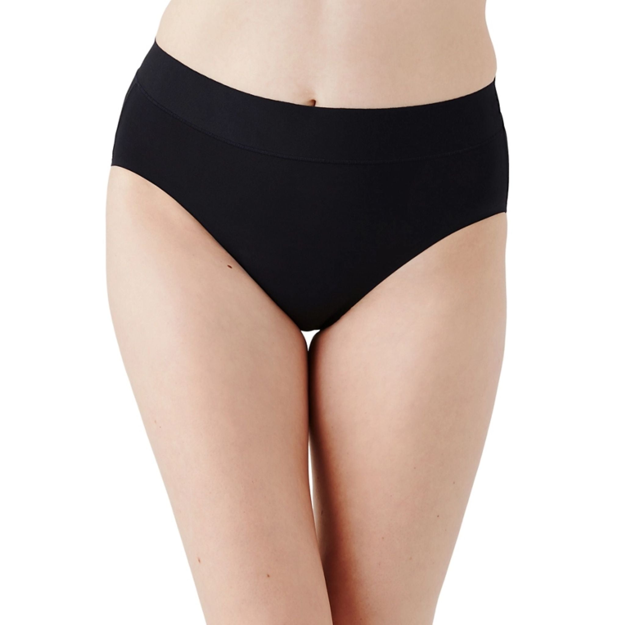 Uncomplicated and oh-so comfy, this easy-to-wear panty has an elastic-free waistband that won't pinch or dig and virtually vanishes under your clothes, making it the perfect start to any outfit.  Full coverage hi-cut Wide, elastic-free waistband won't pinch or dig and provides a smooth look under clothes Bonded leg openings eliminate panty lines Cotton gusset Fabric content: Body: 79% Nylon/21% Spandex, Crotch Lining: 100% Cotton