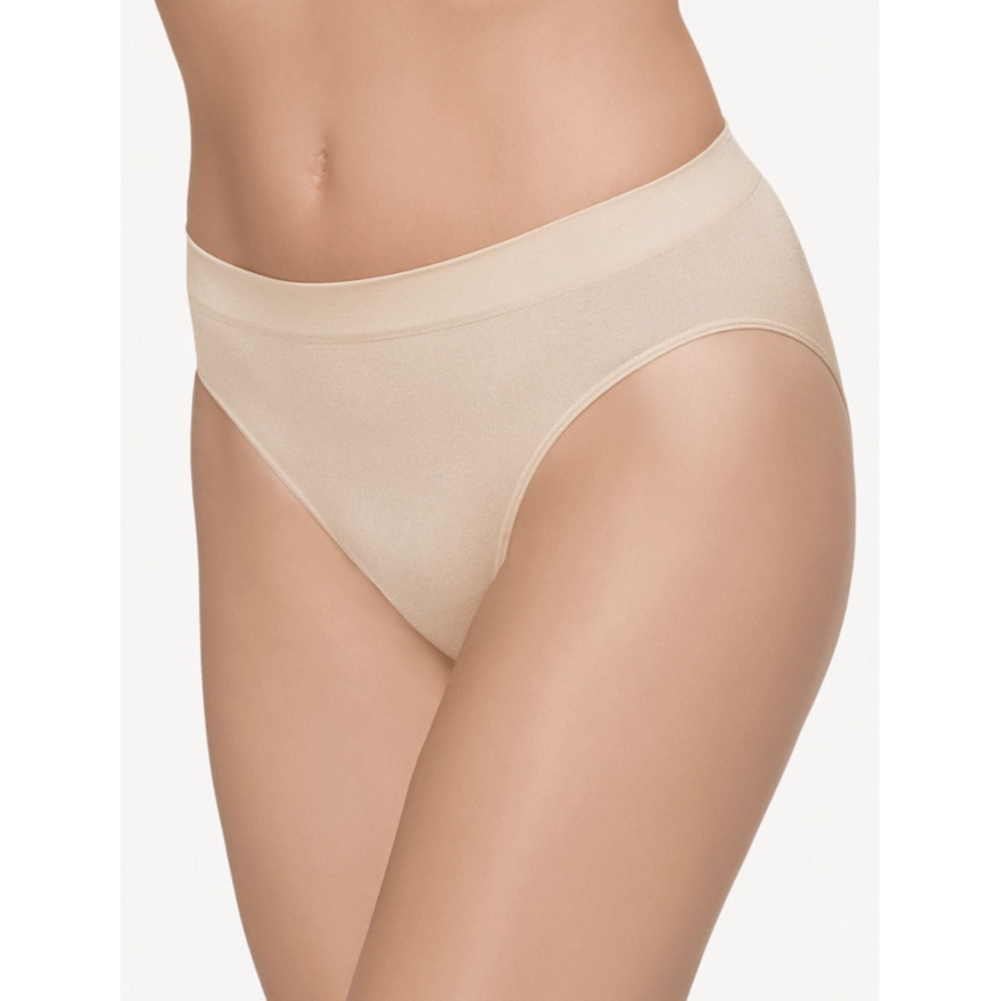 Hi-cut seamless brief  Smooth nylon/Lycra® supportive fabric  Totally seamless body  Ruching knitted in derrière  Clothes glide easily over panty for a sleek look  Hi-cut leg