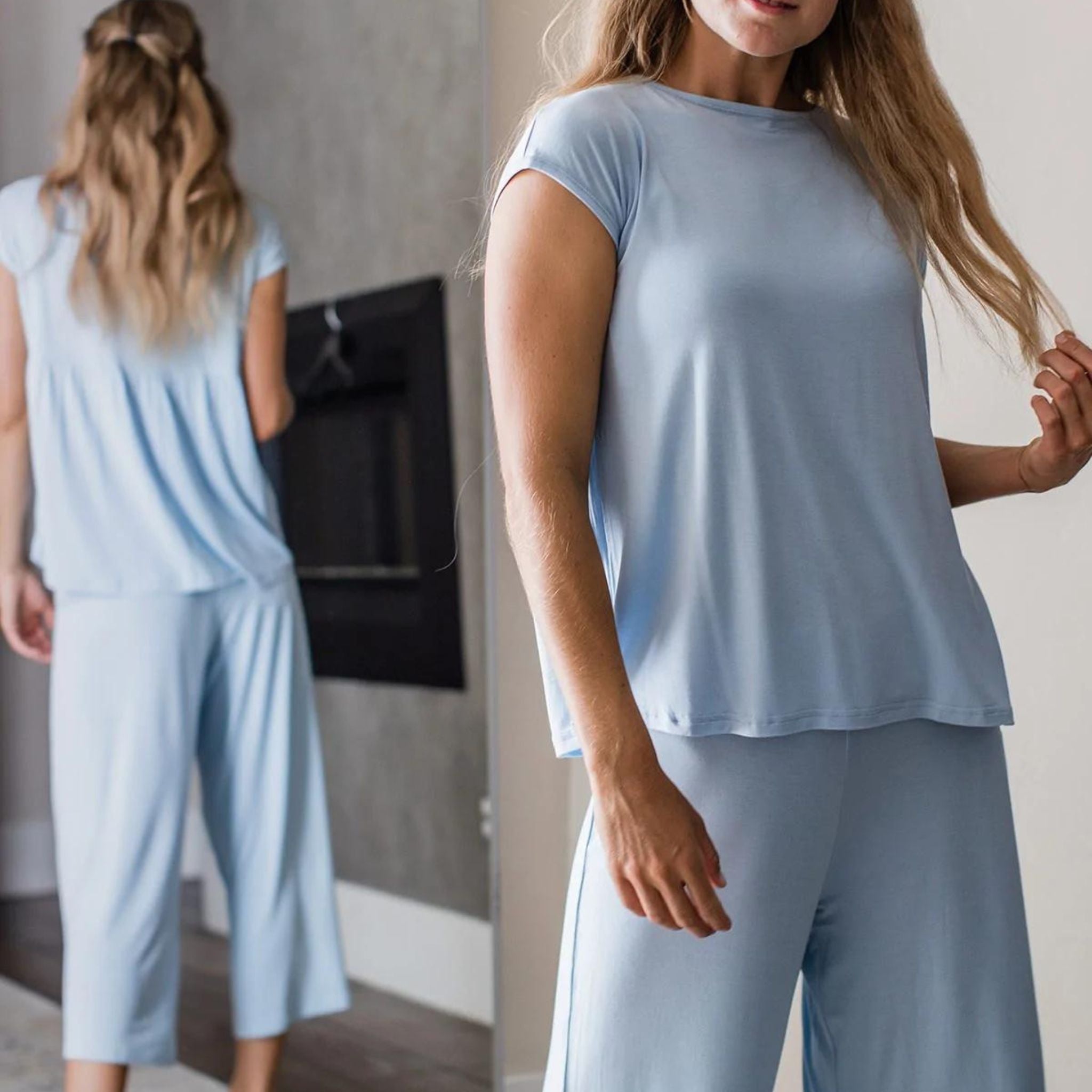 The Opal Pajama Set provides barely-there comfort and a carefree vibe. The babydoll-inspired top swings and sways atop a wide-leg cropped pant with a soft elastic waist. Swing top features a high neckline, cap sleeve, and delicate gathering at the back. 22" inseam.  95% Viscose from USDA Certified Organic Bamboo | 5% Spandex